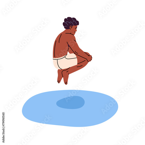 Happy boy jumps to swimming pool. Excited kid diving in water. Playful young man leaps to swim in sea. Beach activity in summer vacation. Flat isolated vector illustration on white background