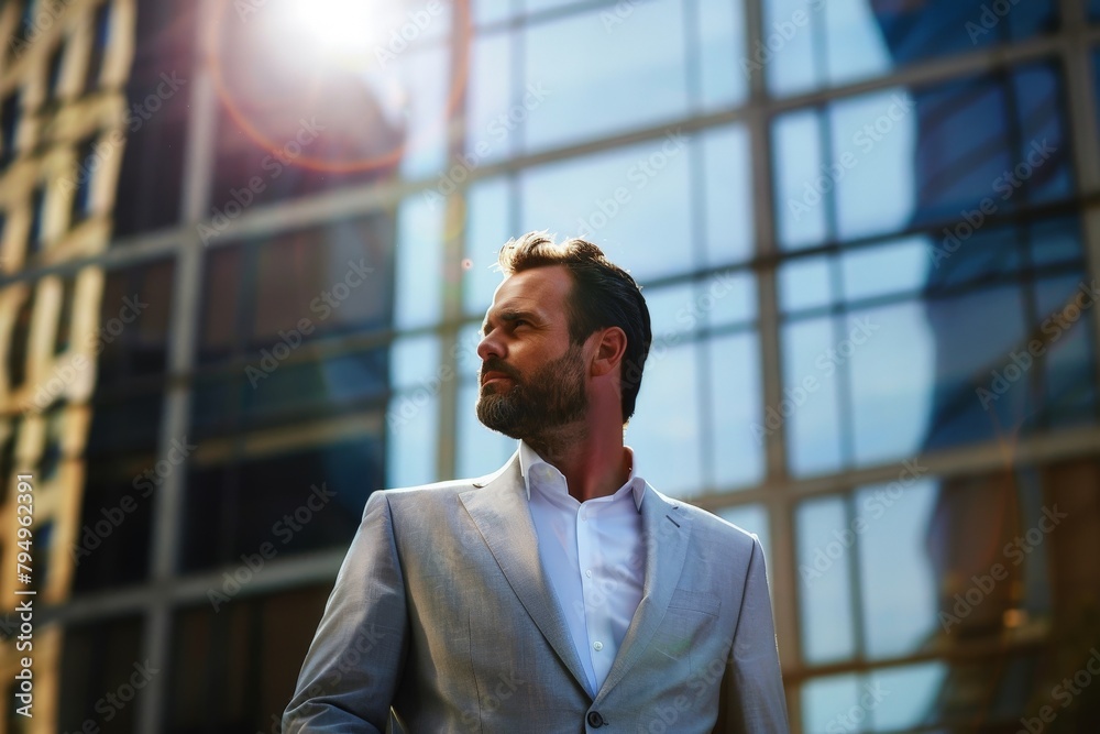 Businessman holding his hands straight palm-side up. Beautiful simple AI generated image in 4K, unique.