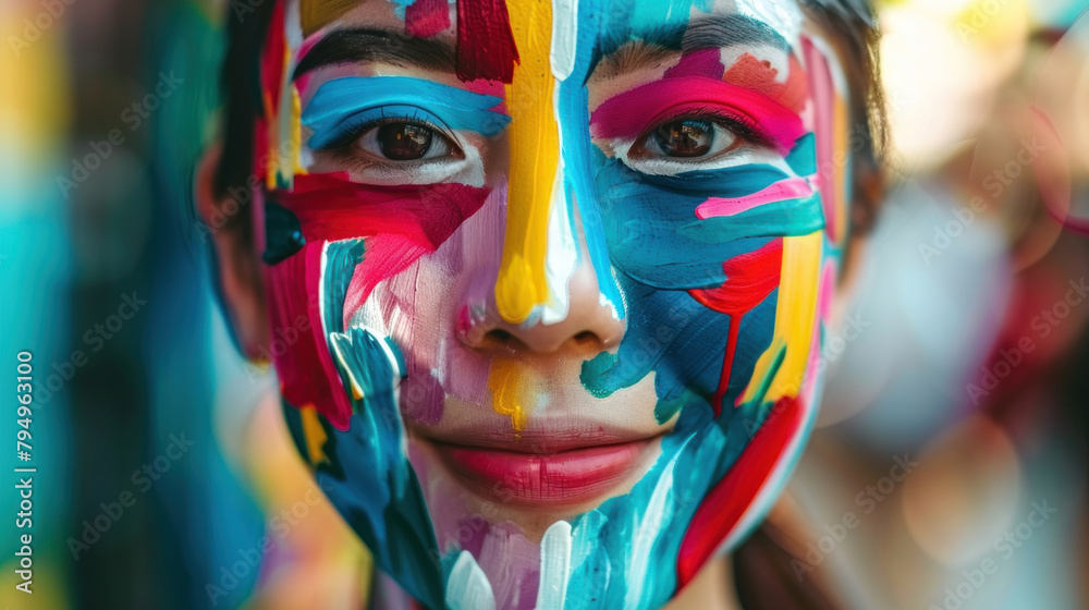smiling face of an Asian girl with multi-colored paints, symbolizing World Day for Cultural Diversity smiling face of an Asian girl with multi-colored paints, symbolizing World Day for Cultural Diversity