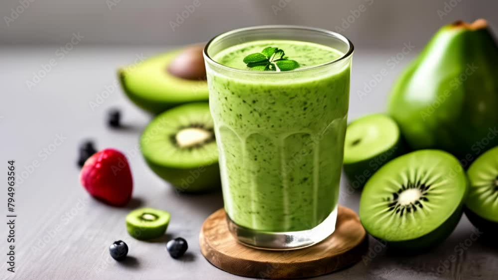  Freshly blended green smoothie with avocado and kiwi topped with a mint leaf