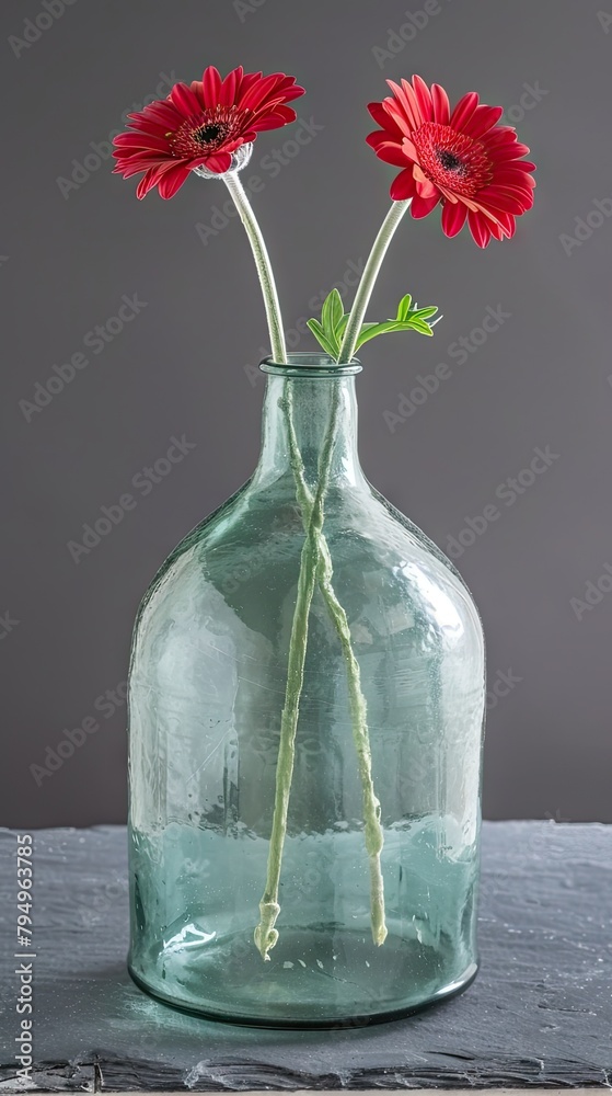 Two red gerbera daisies in an empty glass vase against a simple, dark grey background