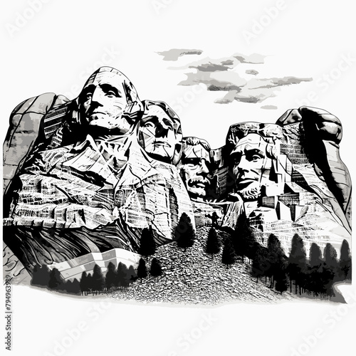 Mount Rushmore. Mount Rushmore hand-drawn comic illustration. Vector doodle style cartoon illustration