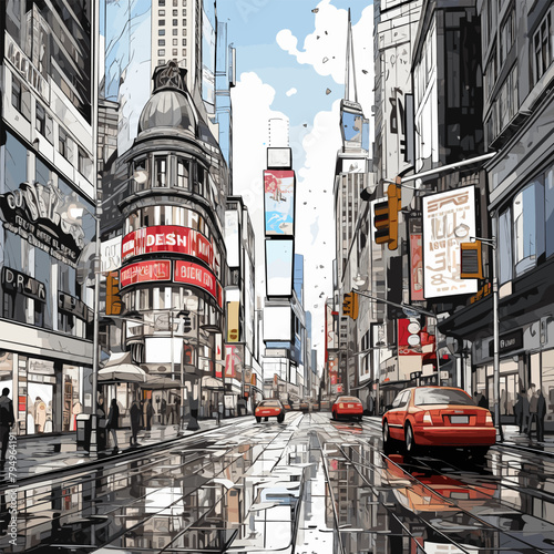 Times Square. Times Square hand-drawn comic illustration. Vector doodle style cartoon illustration