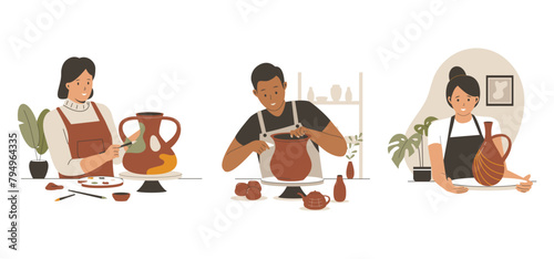 Illustration set of people potter makes a ceramic pot. Artisan making clay pot at workshop. Flat illustration set