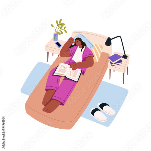 Young woman in pajama sleeps in bed. Girl falls asleep during reading top view. Person has a rest on pillow at night, naps with book in hands. Flat isolated vector illustration on white background