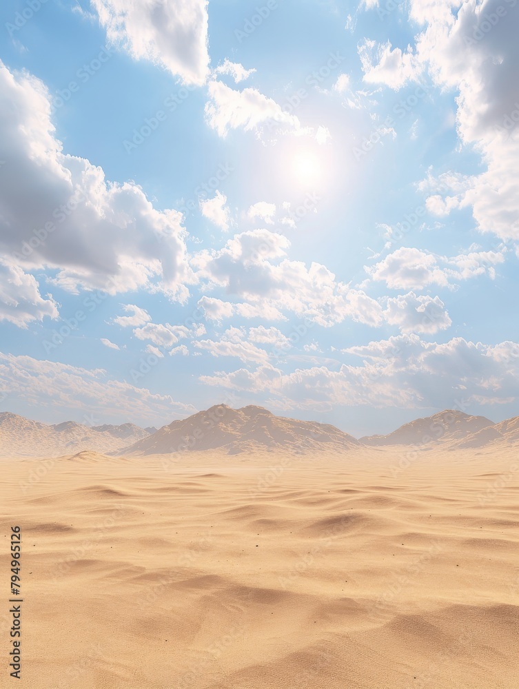 Desert landscape at sunset with sun rays piercing through clouds.