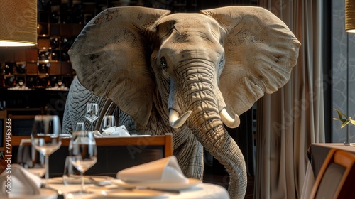 A surreal dining room scene with an elephant towering over the table setting.