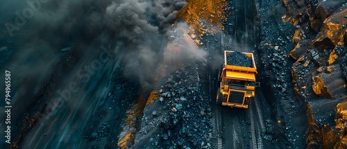 Coal mining operation with dump truck at open pit site. Concept Coal Mining, Dump Truck, Open Pit, Industrial Equipment, Mining Operations photo