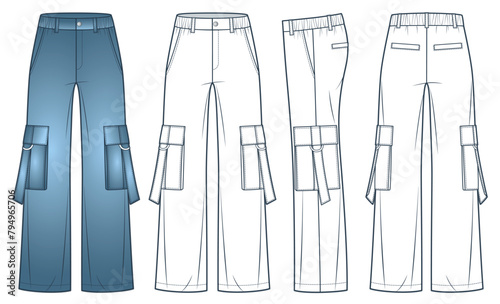 Cargo Pants technical fashion Illustration. Wide Leg Denim Pants fashion technical drawing template, pockets, elastic waist, front, side  and back view, white, blue, women, men, unisex CAD mockup set.