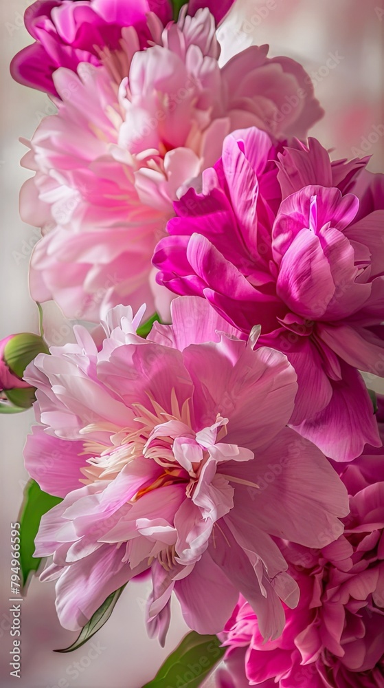A bouquet of pink and burgundy peonies, in closeup, on a white background
