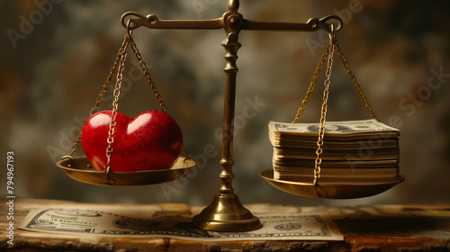 Conceptual Balance of Love and Wealth, Heart and Money on Vintage Scales