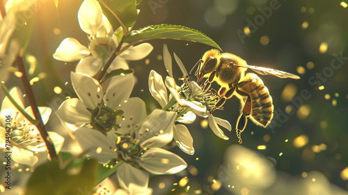 Immerse yourself in the enchanting moment of a bee alighting on a flower, surrounded by the essence of honey that symbolizes nature's sweetness and vitality. This AI