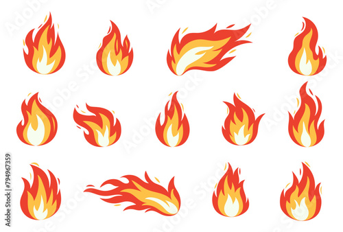 Vector bright burn flame icon set isolated on white background. Hot fire flat clipart sings collection. Burning fireball signs