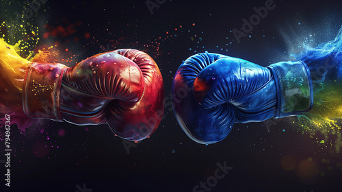 Explosive Collision of Red and Blue Boxing Gloves, Dynamic Sport Impact