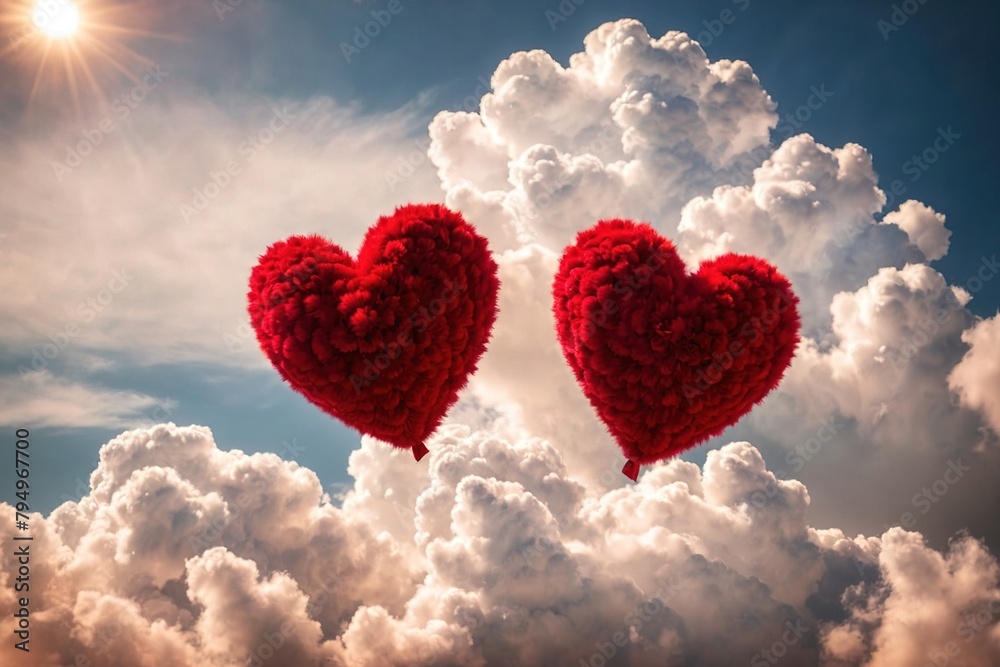 Red hearts flying above the clouds, love soaring and flying in the sky