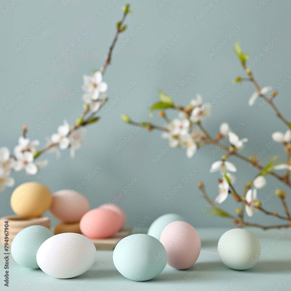 Easter eggs in pastel colors with minimalistic background