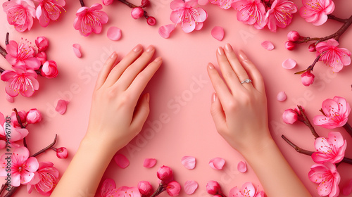 A woman s hands are shown in a pink background with pink flowers