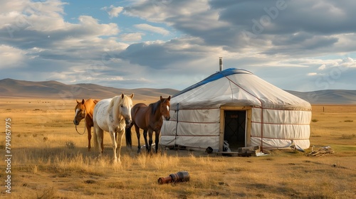 Traditional Yurt with Horses in Vast Landscape, Great for Cultural and Travel Stories photo