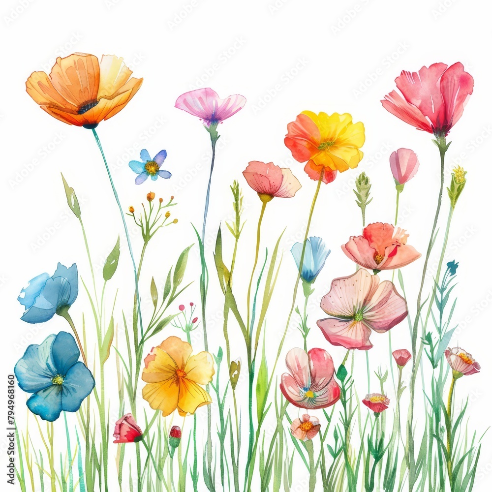 Vibrant spring flowers in watercolor, fresh and isolated on white --ar 1:1 Job ID: 99d3cca4-23b6-4b4e-b1fc-17ab2dab3d6c