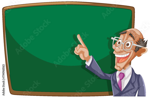 Animated teacher pointing at an empty blackboard