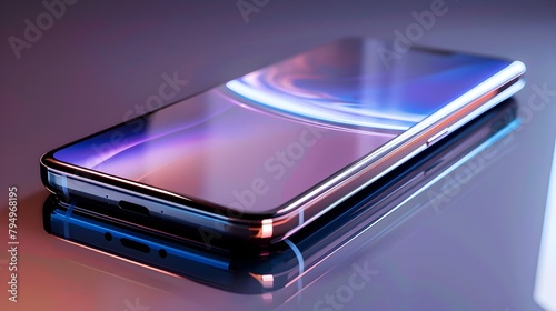 Futuristic, glossy smartphone with abstract light effects, representing technological innovation and digital transformation © R Studio