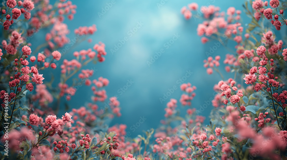 A beautiful field of pink flowers with a blue sky in the background