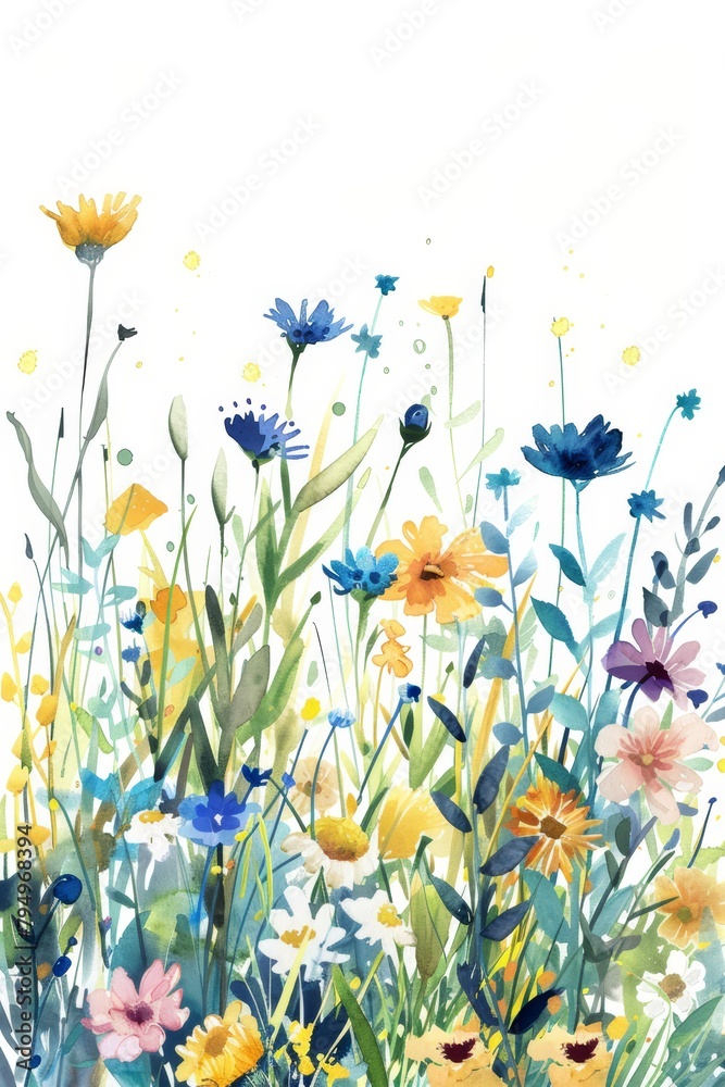 Colorful wildflower meadow, summer clipart in watercolor style --ar 2:3 Job ID: 2c55b711-55f9-4d1d-8fdb-4940b68dc5b0