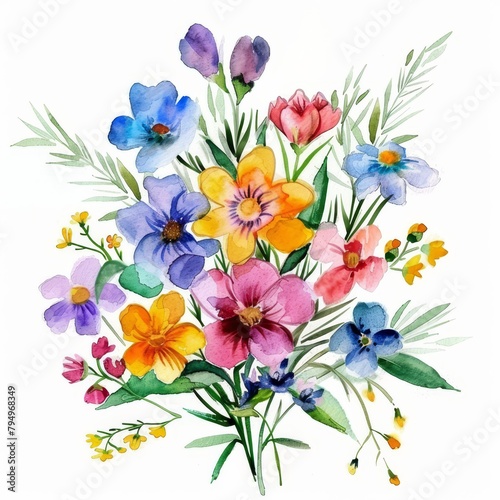 Watercolor spring floral bunch  fresh and vibrant  isolated on white --ar 1 1 Job ID  f9d52fef-6195-4083-b5d2-1128519601fb
