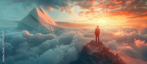 Leadership or personal freedom to choose the path to success. Businessman standing on top of mountain who are looking for new opportunities photo