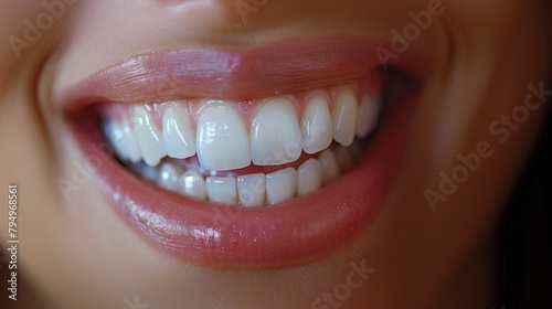 Close-up photo of Teeth that are white, clear and beautifully arranged. Indicates good dental health photo