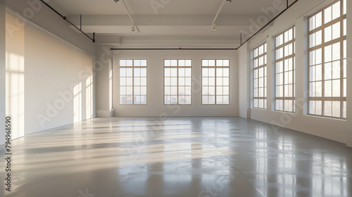 A large, empty room with a lot of windows. The room is very bright and open, with a lot of natural light coming in from the windows. The space is very clean and uncluttered