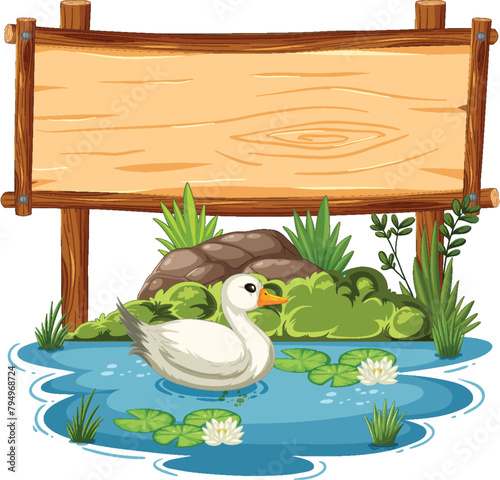 Duck floating peacefully near a blank signboard.