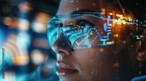 Close up Engineer examining AI technology with reflection on eyeglasses