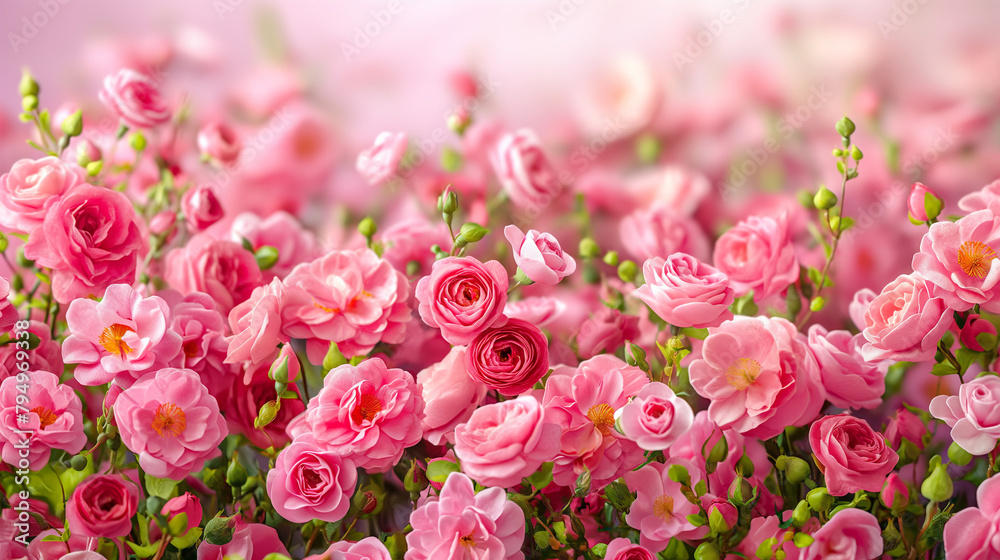 A field of pink flowers with a pink background