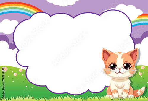 Adorable kitten sitting in a vibrant, grassy field.