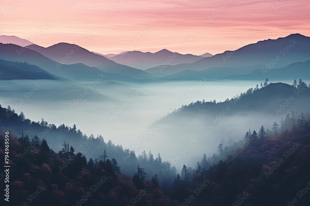 Misty Mountain Gradient Views: Foggy Hillside Hues Captured in Twilight