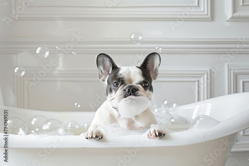 Toy dog breed, French Bulldog, enjoying a bubble bath in a bathtub