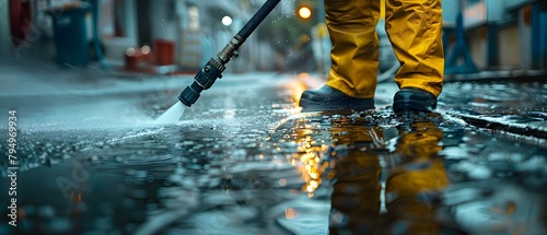 A person in a yellow suit using a pressure washer at a construction site. Concept Construction worker, Yellow suit, Pressure washer, Outdoor, Work site photo