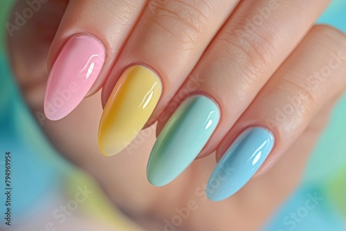 Close up of womans nails with various colors of nail polish
