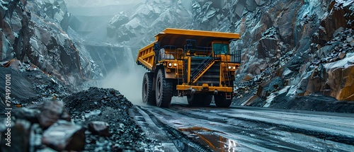 Realistic photo of open pit mining with large yellow dump truck extracting coal. Concept Mining Industry, Heavy Machinery, Coal Extraction, Open Pit Mining, Yellow Dump Truck
