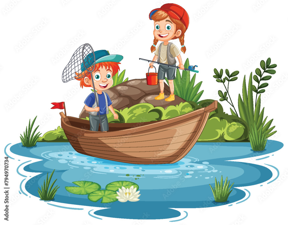 Two kids fishing on a boat in a pond Two kids fishing on a boat in a pond