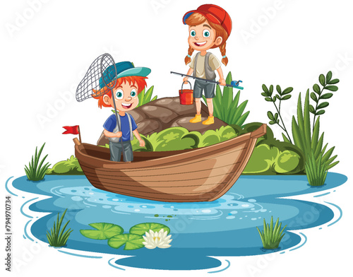 Two kids fishing on a boat in a pond