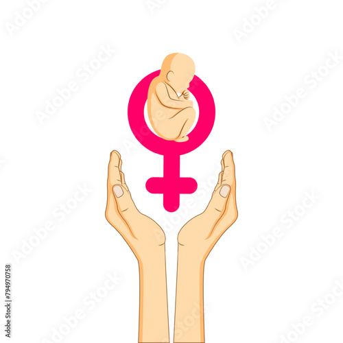 Vector illustration of female foetus with hands on transparent background
