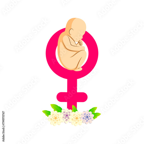 Vector illustration of female foetus with flowers on transparent background