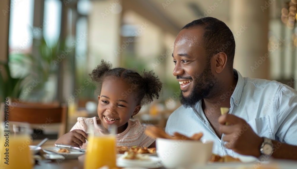 a man and a little girl are sitting at a table eating food a man and a little girl are sitting at a table eating food
