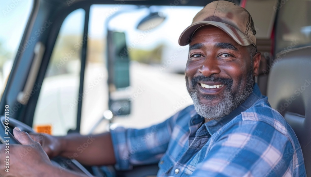 Man in cap sitting in trucks drivers seat, smiling Man in cap sitting in trucks drivers seat, smiling