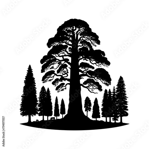 Sequoia Vector Silhouette- Depicting the Grandeur of Nature's Towering Sequoia Trees- Sequoia Tree Illustration.