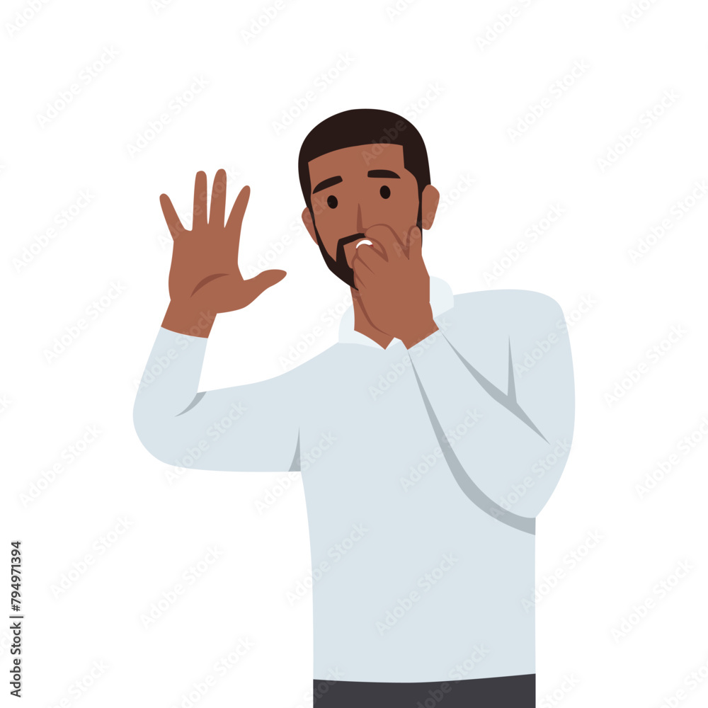 Young man shocked afraid, scared and terrified with fear expression while opened mouth, stop gesture. Flat vector illustration isolated on white background Young man shocked afraid, scared and terrified with fear expression while opened mouth, stop gesture. Flat vector illustration isolated on white background