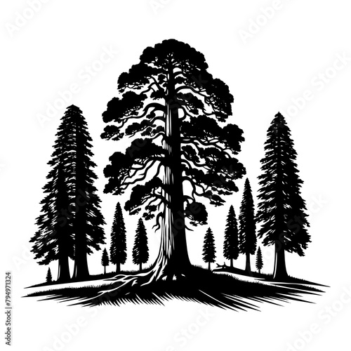 Sequoia Vector Silhouette- Depicting the Grandeur of Nature's Towering Sequoia Trees- Sequoia Tree Illustration.