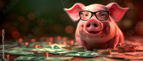 Wealthy pig cartoon satire depicts greedy corporate manager with lots of money. Concept Political Satire, Cartoon Character, Wealth Inequality, Corporate Greed, Anti-Capitalism photo